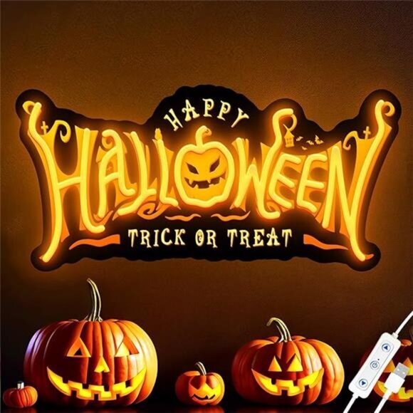 Happy Halloween Neon Sign -USB Powered Pumpkin LED Light for Wall Decor w/ Hooks - Picture 8 of 8